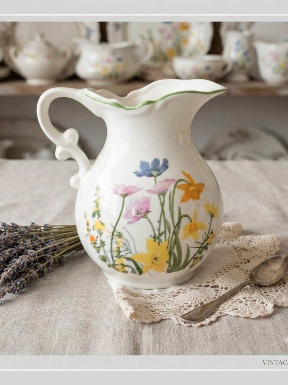 Floral Pitcher White with flowers Vintage green trim